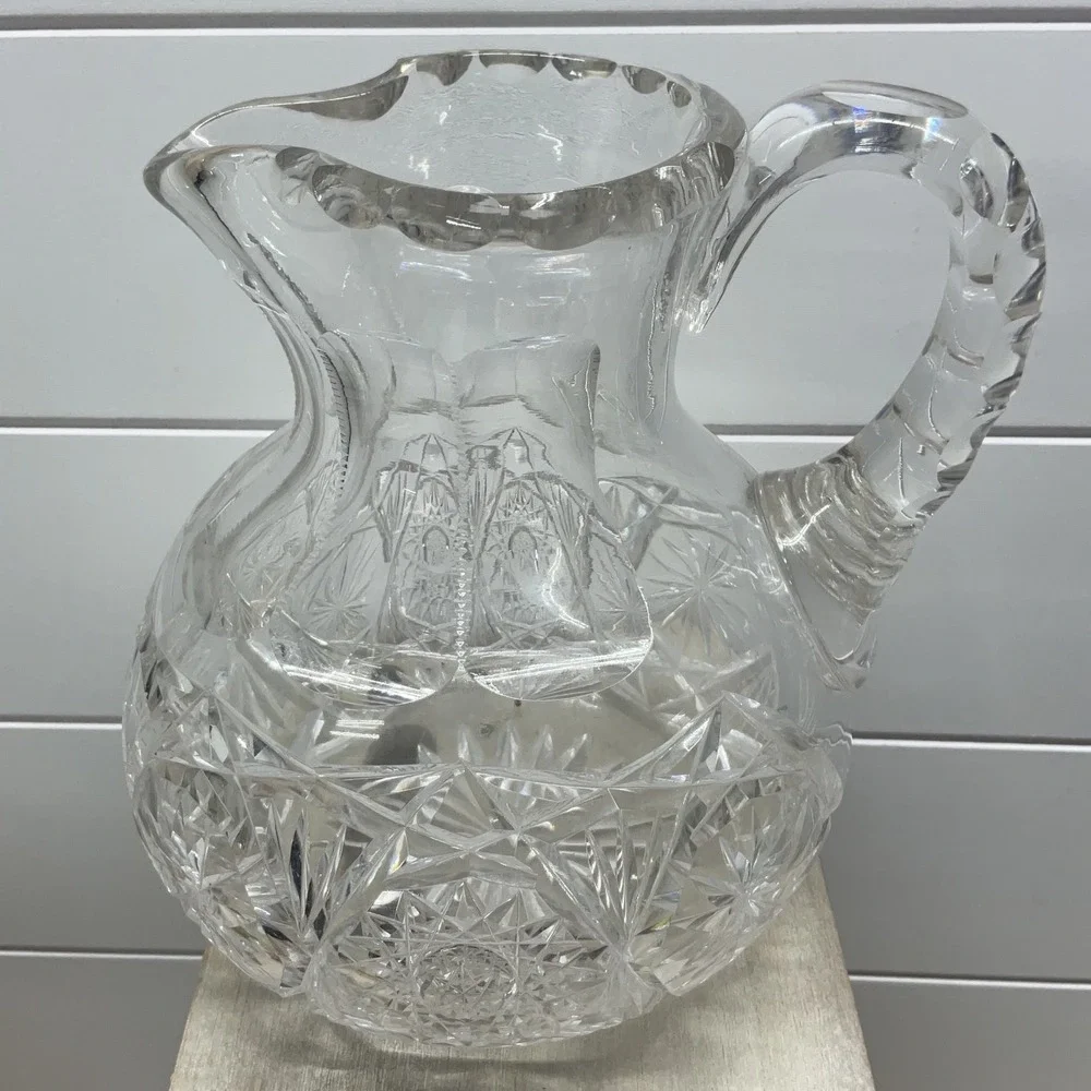 Vintage American Brilliant Style Cut Glass Pitcher Starburst Diamond Clear 8in